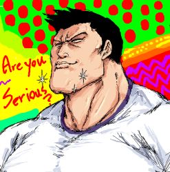 Rule 34 | abstract background, black hair, furrowed brow, manly, muscular, muscular male, serious sam, serious sam stone, shirt, sparkle, white shirt