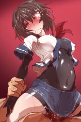 Rule 34 | 10s, 1boy, 1girl, arm grab, black hair, blush, bodysuit, brown hair, clothed female nude male, clothed sex, covered navel, drooling, fucked silly, furutaka (kancolle), girl on top, glowing, glowing eye, heart, hetero, highres, holding another&#039;s wrist, kantai collection, navel, nude, penis, reverse cowgirl position, saliva, sex, sex from behind, solo focus, straddling, sweat, tears, vaginal, wanaata