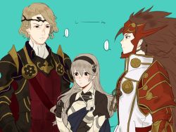 Rule 34 | ..., 1girl, 2boys, armor, bad id, bad pixiv id, blonde hair, brother and sister, brown hair, cape, corrin (female) (fire emblem), corrin (fire emblem), fire emblem, fire emblem fates, gloves, hair between eyes, hair ornament, hairband, headgear, long hair, multiple boys, nintendo, playing with own hair, pointy ears, ryoma (fire emblem), shoulder pads, siblings, umemaru (oume maru), very long hair, xander (fire emblem)