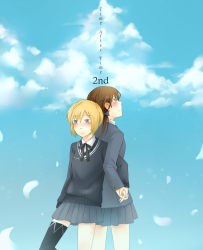 Rule 34 | 2girls, bai lao shu, blonde hair, blue eyes, blush, brown eyes, brown hair, colorful, colorized, comic, couple, day, erica hartmann, gertrud barkhorn, holding hands, highres, long hair, looking up, military, military uniform, multiple girls, ribbon, school uniform, short hair, skirt, sky, strike witches, thighhighs, twintails, uniform, world witches series, yuri