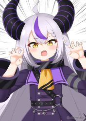 Rule 34 | 1girl, ahoge, blush, commentary request, demon horns, dress, emphasis lines, fangs, grey hair, hair between eyes, hands up, highres, hololive, horns, la+ darknesss, long hair, long sleeves, looking at viewer, mitya, multicolored hair, open mouth, purple dress, purple hair, simple background, solo, streaked hair, twitter username, upper body, very long hair, virtual youtuber, white background, wide sleeves, yellow eyes