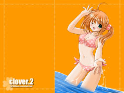 Rule 34 | bikini, clover, clover (game cg), highres, nishimata aoi, orange background, pink bikini, red hair, solo, swimsuit, wallpaper