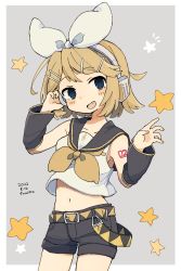 Rule 34 | 156m, 1girl, :d, arm up, armpit crease, armpit peek, bare shoulders, belt, belt buckle, black sailor collar, black shorts, black sleeves, blonde hair, blue eyes, blush, border, bow, buckle, collarbone, contrapposto, cowboy shot, crop top, dated, detached sleeves, dot nose, grey background, hair bow, hair ornament, hairclip, hand on headphones, hand up, head tilt, headphones, highres, kagamine rin, long sleeves, looking at viewer, looking to the side, midriff, nail polish, navel, neckerchief, notice lines, number tattoo, open mouth, outside border, sailor collar, short hair, shorts, shoulder tattoo, signature, simple background, sleeveless, smile, solo, standing, star (symbol), starry background, swept bangs, tattoo, treble clef, vocaloid, w arms, white border, white bow, wide sleeves, yellow nails, yellow neckerchief