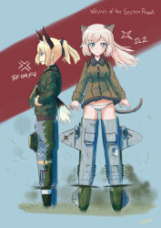 Rule 34 | 2girls, absurdres, animal ears, artist name, blonde hair, blue eyes, bow, erica, erica (naze1940), exhaust, green eyes, hair bow, head wings, highres, long hair, military, military uniform, multiple girls, open mouth, original, pantyhose, pink hair, ponytail, strike witches, striker unit, tail, they&#039;re not panties, uniform, wings, world witches series