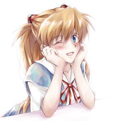 Rule 34 | 1girl, arm support, baumku techen, blouse, blue eyes, blue skirt, blush, breasts, brown hair, collared shirt, from behind, hair between eyes, highres, long hair, looking at viewer, neck ribbon, neon genesis evangelion, one eye closed, ribbon, school uniform, shirt, short sleeves, simple background, skirt, small breasts, smile, solo, souryuu asuka langley, very long hair, white shirt, wink