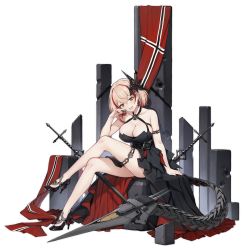 Rule 34 | 1girl, :d, arm strap, arm support, azur lane, bare shoulders, black dress, black footwear, black nails, blush, breasts, brown eyes, cannon, cleavage, cross, cross earrings, crossed legs, dress, earrings, flag, full body, german flag, hair ornament, halter dress, halterneck, hand up, head tilt, high heels, highres, iron cross, jewelry, large breasts, leaning forward, logo, looking at viewer, multicolored hair, nail polish, official alternate costume, official art, open mouth, pumps, red hair, rigging, roon (azur lane), roon (dark red grin) (azur lane), shoes, sidelocks, skindentation, smile, solo, stiletto heels, streaked hair, tachi-e, tareme, terras, thigh strap, thighs, transparent background, turret
