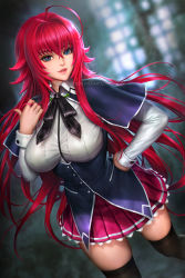 Rule 34 | 1girl, ahoge, artist name, black capelet, black ribbon, black thighhighs, blurry, blurry background, breasts, capelet, commentary, depth of field, english commentary, hair between eyes, hand on own hip, hand up, high school dxd, kuoh academy school uniform, large breasts, long hair, long sleeves, miniskirt, neck ribbon, neoartcore, parted lips, pink lips, pleated skirt, purple skirt, red hair, rias gremory, ribbon, school uniform, shirt, skirt, smile, solo, thighhighs, underbust, very long hair, white shirt, zettai ryouiki