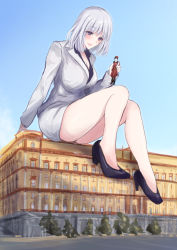 Rule 34 | 1boy, 1girl, absurdres, bare legs, black footwear, blush, breasts, business suit, commander (girls&#039; frontline), formal, giant, giantess, girls&#039; frontline, griffin &amp; kryuger military uniform, high heels, highres, jacket, legs, looking at another, martinreaction, medium breasts, medium hair, open mouth, purple eyes, rpk-16 (girls&#039; frontline), rpk-16 (renate) (girls&#039; frontline), silver hair, simple background, sitting, suit, thighs, white jacket, white suit