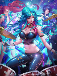 Rule 34 | 3girls, ;), armlet, black gloves, black pants, blue hair, breasts, brown eyes, brown hair, cleavage, collar, collarbone, crop top, fingerless gloves, fishnets, floating hair, gang road joker, gloves, green eyes, guitar, head tilt, highres, holding, holding instrument, instrument, large breasts, long hair, midriff, multiple girls, nail polish, navel, official art, one eye closed, osuk2, pants, red eyes, red gloves, shiny clothes, shirt, short hair, sitting, sleeveless, smile, standing, stomach, twintails, very long hair, white shirt