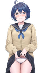 Rule 34 | 1girl, ahoge, black sailor collar, black skirt, blue bow, blue eyes, blue hair, blue neckerchief, blush, bow, bow panties, brown cardigan, buttons, cardigan, clenched teeth, commentary request, cowboy shot, crossed bangs, highres, lifted by self, long sleeves, looking at viewer, miniskirt, neckerchief, panties, parted lips, pleated skirt, princess connect!, sailor collar, school uniform, serafuku, sheffy (real) (princess connect!), sheffy (princess connect!), short hair, simple background, skirt, solo, standing, sweat, teeth, underwear, v-shaped eyebrows, white background, white panties, yue (show-ei)