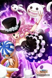 Rule 34 | 1girl, bare arms, bare shoulders, black eyes, breasts, cleavage, copyright name, devil fruit, dress, drill hair, ghost, hat, highres, horo horo no mi, large breasts, lipstick, long hair, makeup, official art, one eye closed, one piece, perona, pink hair, shoulder tattoo, smile, stuffed animal, stuffed toy, tattoo, very long hair, wide hips