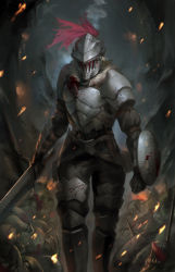 Rule 34 | 10s, 1boy, armor, commentary request, death, fur trim, goblin, goblin slayer, goblin slayer!, helmet, holding, holding sword, holding weapon, looking at viewer, male focus, manly, phamoz, shield, solo, standing, sword, walking, weapon