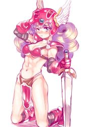 Rule 34 | 1girl, abs, amezawa koma, armor, big hair, bikini armor, blue eyes, blush, boots, breasts, closed mouth, dragon quest, dragon quest iii, hand on headwear, helmet, holding, holding sword, holding weapon, kneeling, long hair, looking at viewer, medium breasts, muscular, muscular female, navel, one eye closed, pauldrons, pelvic curtain, planted sword, planted, purple hair, red footwear, shoulder armor, simple background, soldier (dq3), solo, sword, tears, weapon, white background, winged helmet