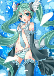 Rule 34 | 1girl, detached sleeves, hatsune miku, headphones, headset, long hair, necktie, open clothes, open mouth, panties, petals, solo, striped clothes, striped panties, thighhighs, twintails, underwear, very long hair, vocaloid, yayoi (egoistic realism)