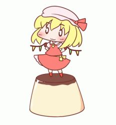 Rule 34 | 1girl, :3, animated, animated gif, arms behind back, blonde hair, blush, chibi, female focus, flandre scarlet, food, lowres, maitora, name connection, o o, object namesake, pudding, pun, solo, touhou