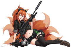 Rule 34 | 1girl, :d, animal ear fluff, animal ears, arm support, black gloves, black shirt, black shorts, black thighhighs, brown footwear, collared shirt, commentary, crop top, dated commentary, english commentary, fingerless gloves, fox ears, fox girl, fox tail, full body, gas mask, gloves, gun, hair between eyes, hand up, highres, holding, holding gun, holding weapon, kitsune, long hair, looking at viewer, mask, midriff, mixed-language commentary, navel, ndtwofives, open mouth, orange eyes, orange hair, original, ponytail, rifle, scope, shirt, shoes, short shorts, short sleeves, shorts, sidelocks, simple background, smile, sniper rifle, solo, suppressor, tail, thighhighs, twitter username, weapon, white background, xm2010