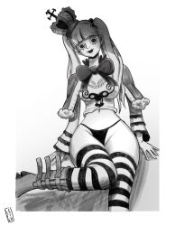 Rule 34 | 1girl, absurdres, artist request, breasts, capelet, clothes lift, crown, highleg, highleg panties, highres, long hair, long twintails, medium breasts, monochrome, navel, one piece, panties, perona, shiny skin, shirt lift, simple background, solo, spread legs, thong, twintails, underwear, very long hair
