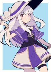 Rule 34 | 1girl, bangle, bare shoulders, bow, bracelet, do m kaeru, dress, fire emblem, fire emblem: three houses, flat chest, hat, hat bow, holding, holding clothes, holding hat, jewelry, long hair, looking at viewer, lysithea von ordelia, nintendo, purple eyes, solo, sun hat, thighhighs, white dress, white hair, white hat, white thighhighs, zettai ryouiki