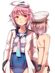 Rule 34 | &gt;:&lt;, 10s, 2girls, :&lt;, back-to-back, bikini, bikini under clothes, brown hair, closed mouth, female admiral (kancolle), hair ornament, hat, i-58 (kancolle), jacket, kantai collection, mataichi mataro, military, military uniform, multiple girls, narumi tsuyu, naval uniform, old school swimsuit, one-piece swimsuit, open clothes, open jacket, peaked cap, pink hair, school swimsuit, short hair, side-tie bikini bottom, simple background, swimsuit, swimsuit under clothes, uniform, v-shaped eyebrows