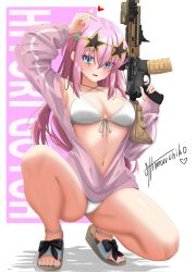 Rule 34 | 1girl, artist name, assault rifle, bare shoulders, bikini, blush, bocchi the rock!, breasts, cube hair ornament, eyewear on head, full body, gotoh hitori, gun, hair ornament, highres, holding, holding gun, holding weapon, jacket, long hair, looking at viewer, m4 carbine, medium breasts, navel, open mouth, pink hair, pink jacket, rifle, scope, self-upload, shimoruchiko, shoes, signature, simple background, solo, spread legs, squatting, stomach, string bikini, sunglasses, swimsuit, tinted eyewear, tiptoes, watermark, weapon, white background, white bikini