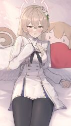 Rule 34 | 1girl, absurdres, bed sheet, black neckerchief, black pantyhose, blue archive, blush, brown eyes, ciza gomi, commentary, crossed bangs, dress, feet out of frame, flower, hair between eyes, hair flower, hair ornament, halo, heart, heart-shaped pillow, hifumi (blue archive), highres, light brown hair, long sleeves, looking at viewer, nagisa (blue archive), neckerchief, pantyhose, parted lips, pillow, sailor collar, solo, white dress, white flower, white sailor collar, white wings, wings