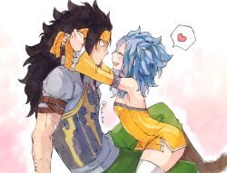 Rule 34 | 1boy, 1girl, :d, black hair, blue hair, blush, breasts, brown footwear, closed eyes, detached sleeves, dress, fairy tail, from side, gajeel redfox, green pants, headband, heart, levy mcgarden, long hair, open mouth, pants, rusky, short dress, sideboob, sketch, sleeveless, sleeveless dress, small breasts, smile, striped clothes, striped dress, thighhighs, white thighhighs, yellow dress