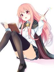 Rule 34 | 1girl, absurdres, bad id, bad pixiv id, black cape, black footwear, black skirt, black thighhighs, book, cape, highres, long hair, long sleeves, louise francoise le blanc de la valliere, mary janes, panties, pantyshot, pentacle, pink eyes, pink hair, pleated skirt, shirt, shoes, simple background, sitting, skirt, solo, thighhighs, underwear, wand, white background, white panties, white shirt, xue lu, zero no tsukaima