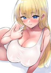 Rule 34 | absurdres, blonde hair, blue eyes, blush, breasts, cleavage, closed mouth, covered erect nipples, hair between eyes, hand up, highres, large breasts, long hair, one-piece swimsuit, original, sgwmanga, simple background, sketch, smile, straight hair, swimsuit, white background, white one-piece swimsuit