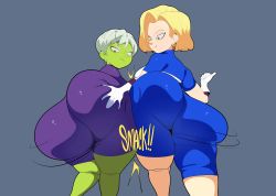 Rule 34 | absurdres, android 18, ass, ass focus, ass grab, back, backboob, barrybbeesly, blonde hair, blue eyes, breasts, cheelai, colored skin, dragon ball, dragon ball super, dragon ball super broly, dragonball z, ear piercing, elbow gloves, gloves, grabbing, grabbing another&#039;s ass, green skin, highres, huge ass, medium breasts, medium hair, piercing, purple eyes, short hair, silver hair, simple background, white gloves