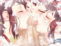 Rule 34 | 3girls, artist request, blush, censored, cum, disembodied penis, ejaculation, closed eyes, facial, fellatio, game cg, licking, long hair, cooperative fellatio, multiple girls, oral, penis, short hair, tagme