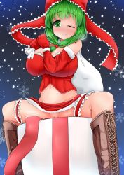 Rule 34 | 1girl, bad id, bad pixiv id, blush, breasts, elbow gloves, gloves, green eyes, green hair, hat, hydrant (kasozama), kagiyama hina, large breasts, long hair, matching hair/eyes, no panties, one eye closed, open mouth, pussy, pussy peek, red eyes, short hair, smile, solo, spread legs, touhou, uncensored