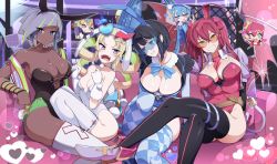 Rule 34 | ..., 4girls, animal ears, between breasts, black hair, blonde hair, bow, bowtie, breasts, cleavage, couch, crossed legs, dark-skinned female, dark skin, demon tail, demon wings, drill hair, duel monster, ear piercing, earrings, evil twin&#039;s trouble sunny, evil twin ki-sikil, evil twin lil-la, fangs, gloves, grey hair, grin, heart, highres, jewelry, ki-sikil (yu-gi-oh!), large breasts, leotard, lil-la (yu-gi-oh!), live twin ki-sikil, live twin lil-la, luna (dm) (yu-gi-oh!), multiple girls, naruyan mk-ii, necktie, necktie between breasts, piercing, playboy bunny, rabbit ears, red hair, small breasts, smile, sunglasses, sunny (yu-gi-oh!), tail, thighhighs, twintails, v, white gloves, wings, yu-gi-oh!
