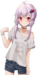 Rule 34 | 1girl, ahoge, black choker, black shorts, blush, choker, closed mouth, collarbone, commentary request, grey shirt, hair between eyes, hair ornament, hand up, highres, long hair, looking at viewer, off shoulder, pink hair, pui pui molcar, red eyes, shirt, short shorts, short sleeves, shorts, simple background, smile, solo, vocaloid, voiceroid, white background, yusake san, yuzuki yukari