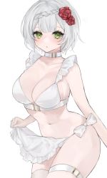 Rule 34 | 1girl, :o, absurdres, alternate breast size, alternate costume, apron, apron lift, bare arms, bikini, blush, bow, braid, breasts, choker, cleavage, clothes lift, cowboy shot, flower, frilled apron, frills, genshin impact, green eyes, hair flower, hair ornament, highres, large breasts, lifted by self, looking at viewer, maguro (minase1684), maid, maid bikini, navel, noelle (genshin impact), parted lips, red flower, short hair, simple background, solo, stomach, swimsuit, thigh strap, unconventional maid, white background, white bikini, white bow, white choker, white hair