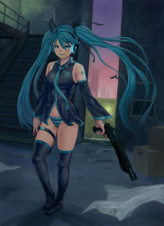 Rule 34 | 00s, 1girl, all points bulletin, alley, aqua eyes, aqua hair, aqua nails, bare shoulders, between fingers, black thighhighs, boots, box, cameltoe, camera, cardboard box, cartridge, city, detached sleeves, dual-mode shotgun, dusk, dutch angle, female focus, full body, grin, gun, hair between eyes, hair ribbon, hatsune miku, headphones, highres, holding, lasterk, long hair, looking at viewer, nail polish, navel, necktie, no pants, outdoors, panties, parted lips, pump-action shotgun, pump action, ribbon, security camera, semi-automatic shotgun, shotgun, smile, solo, spas-12, stairs, standing, striped clothes, striped panties, thigh boots, thigh strap, thighhighs, trigger discipline, twintails, underwear, vocaloid, weapon, wind, wind lift, window