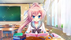 Rule 34 | 1girl, black bow, blue eyes, blue ribbon, blue sailor collar, blue sky, blush, book, bookmark, bow, breasts, ceiling, chair, chalkboard, classroom, collarbone, day, desk, dot nose, eraser, film grain, game cg, hair intakes, hair ornament, hairclip, high ponytail, himura nagisa, holding, holding notebook, indoors, izumi tsubasu, lens flare, long hair, looking at viewer, medium breasts, non-web source, notebook, official art, open mouth, pen, pink hair, re:stage!, ribbon, sailor collar, school, school chair, school desk, school uniform, sitting, sky, solo, sparkle, sunlight, swept bangs, tile ceiling, tiles, white curtains, white uniform, window, wooden desk, wooden floor