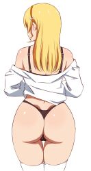 Rule 34 | 1girl, absurdres, ass, back, black bow, black panties, blonde hair, bow, box wonderland, cameltoe, cleft of venus, hairband, heanna sumire, highleg, highleg panties, highres, long hair, love live!, love live! superstar!!, off shoulder, panties, revision, shirt, simple background, solo, thigh gap, thighhighs, thong, underwear, white background, white shirt, white thighhighs