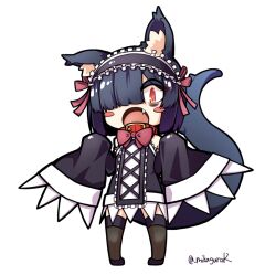 Rule 34 | 1girl, animal collar, animal ear fluff, animal ears, artist name, black dress, black hair, blush stickers, bow, bowtie, cat ears, chibi, collar, detached sleeves, dress, fang, full body, hair over one eye, hands up, lizard tail, looking at viewer, maid, maid headdress, mikagura, open mouth, orange eyes, original, pigeon-toed, red collar, short hair, simple background, sleeves past fingers, sleeves past wrists, solo, standing, tail, thighhighs, twitter username, very long sleeves, white background