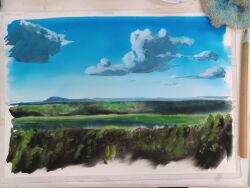 Rule 34 | art tools in frame, blue sky, cloud, cloudy sky, day, forest, grass, highres, mountain, mountainous horizon, nature, no humans, original, paintbrush, painting (medium), photo (medium), scenery, sky, tetsugbl14, traditional media, tree