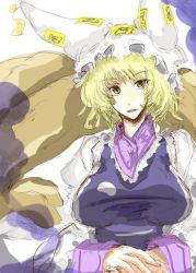 Rule 34 | 1girl, :o, animal hat, blonde hair, breasts, female focus, fox tail, hat, large breasts, long sleeves, looking at viewer, mob cap, multiple tails, nehan, parted lips, mob cap, short hair, solo, tail, tassel, touhou, white background, yakumo ran, yellow eyes