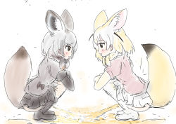 Rule 34 | 2girls, animal ears, bat-eared fox (kemono friends), black footwear, black gloves, black skirt, blush, boots, bow, bowtie, brown eyes, crossed arms, fennec (kemono friends), fox ears, fox girl, fox tail, fur-trimmed gloves, fur trim, gloves, grey jacket, grey neckwear, hinoto (pixiv48761170), jacket, kemono friends, looking at another, multiple girls, open mouth, peeing, puddle, red shirt, shirt, shoes, short hair, short sleeves, silver hair, skirt, smile, squatting, tail, white background, white footwear, white skirt, yellow neckwear