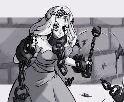 Rule 34 | 1girl, arms up, bare shoulders, breasts, chain, chain around arm, chain around neck, chain leash, chained, closed mouth, collar, commentary, crown, cuffs, dress, english commentary, greyscale, leash, long hair, looking at viewer, medium breasts, monochrome, princess, princess (slay the princess), serious, shackles, simple background, slay the princess, solo, the prisoner (slay the princess), tiara, twirling weapon, upper body, weapon, wwwjam