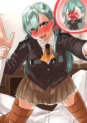 Rule 34 | 10s, 1boy, 1girl, admiral (kancolle), aqua hair, ascot, blazer, blush, breasts, brown thighhighs, buttons, crying, flying sweatdrops, full-face blush, hair ornament, hairclip, holding own arm, jacket, kantai collection, large breasts, long hair, looking at viewer, mrdotd, open mouth, pleated skirt, pov, school uniform, skirt, solo focus, suzuya (kancolle), tears, thighhighs, thought bubble, twitter username, uniform, zettai ryouiki