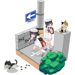 Rule 34 | 2girls, 2others, alakoala, backpack, bag, black hair, blue sailor collar, bob cut, brown eyes, bush, cat, clothes theft, daitou (kancolle), dress, hat, hiburi (kancolle), high ponytail, highres, isometric, kantai collection, low ponytail, multiple girls, multiple others, paw print, pole, randoseru, road, running, sailor collar, sailor dress, sailor hat, shoes, short hair, short sleeves, sidelocks, sign, simple background, standing, street, swimsuit theft, theft, uwabaki, wall, white background, white dress, white headwear, white legwear