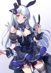 Rule 34 | 1girl, animal ears, black collar, black dress, black garter straps, black hat, black thighhighs, blue hair, breasts, bun (jewd5385), cleavage, collar, detached collar, don-chan (usada pekora), dress, fake animal ears, frilled dress, frills, garter straps, hat, highres, holding, holding mask, hololive, lace, lace-trimmed thighhighs, long hair, looking at viewer, mask, medium breasts, mini hat, mini top hat, official alternate costume, rabbit-shaped pupils, rabbit mask, red eyes, short eyebrows, symbol-shaped pupils, thighhighs, top hat, usada pekora, usada pekora (furi furi bunny dress), virtual youtuber