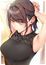 Rule 34 | 1girl, ahoge, armpits, arms up, black shirt, blush, breasts, brown eyes, brown hair, hair tie, hair tie in mouth, highres, large breasts, looking away, mouth hold, original, parted lips, ryuji (ikeriu), shirt, sidelocks, sleeveless, sleeveless shirt, solo, sweat, tying hair