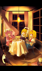 Rule 34 | 3girls, :o, ^ ^, alice margatroid, arms up, blonde hair, blue dress, book, braid, broom, capelet, cardigan, catbell, chair, closed eyes, cup, curtains, dress, female focus, frills, hat, unworn hat, unworn headwear, indoors, kirisame marisa, light bulb, long hair, multiple girls, open book, patchouli knowledge, pink hair, purple hair, reading, saucer, single braid, sitting, smile, straight hair, stretching, table, teacup, teapot, touhou, white dress, wide sleeves, wind, window, witch hat, yawning