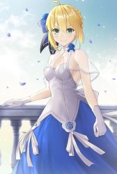 Rule 34 | 1girl, ahoge, artoria pendragon (all), artoria pendragon (fate), bare arms, bare shoulders, blonde hair, blue dress, bow, braid, braided bun, breasts, capelet, cleavage, closed mouth, cowboy shot, dress, fate/grand order, fate/stay night, fate (series), floral print, flower, gloves, green eyes, hair bow, hair bun, hair flower, hair ornament, highres, light blush, looking at viewer, looking down, official alternate costume, petals, saber (fate), saber (fgo x takarazuka kinen) (fate), see-through, see-through capelet, see-through cleavage, simple background, sleeveless, sleeveless dress, smile, solo, tsurupy, two-tone dress, v-shaped eyebrows, white dress, white gloves