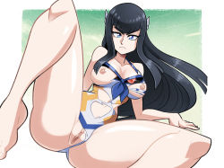 Rule 34 | 1girl, black hair, breasts, collarbone, female focus, from above, itsdatskelebutt, junketsu, kill la kill, kiryuuin satsuki, large breasts, legs, long hair, looking at viewer, lying, navel, neck, nipples, on back, one-piece swimsuit, solo, swimsuit, torn clothes, torn swimsuit, uncensored