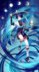 Rule 34 | 1boy, bell, black footwear, black shirt, black shorts, blue eyes, blue hair, blue sash, commentary request, full body, genshin impact, hat, highres, layered sleeves, long sleeves, looking at viewer, male focus, robe, sash, scaramouche (genshin impact), sheya, shirt, shoes, short hair, short over long sleeves, short sleeves, shorts, smile, solo, tulaytullah&#039;s remembrance (genshin impact), wanderer (genshin impact), white robe